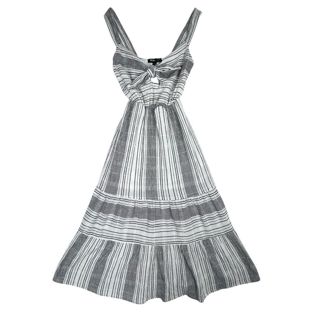 Slate & Willow Tiered Midi Dress Small Black White Stripe Tie Front Boho Cottage
